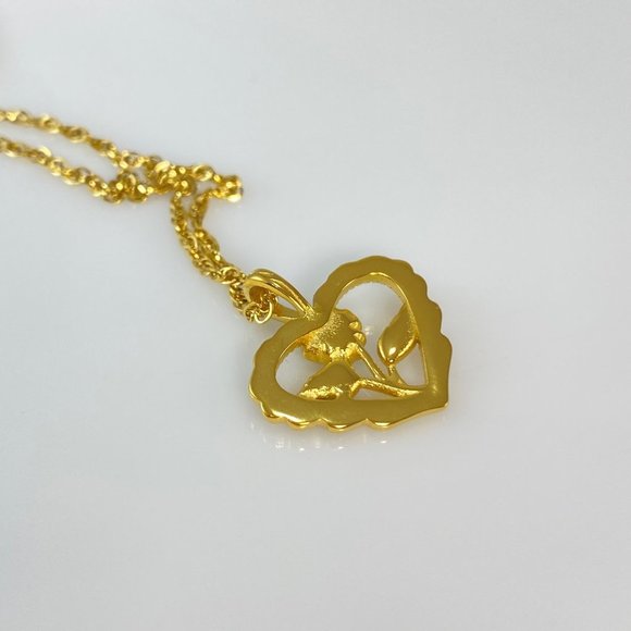 Rose Flower Heart Pendant on Stainless Steel Twisted Singapore Chain Necklace - Picture 3 of 11